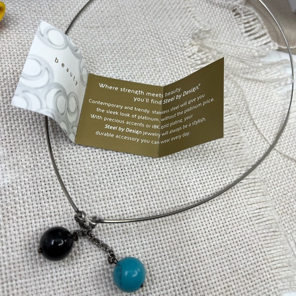 Early 2000s Stainless Steel Y-Neck Wire Collar Necklace with Turquoise - Picture 3 of 12